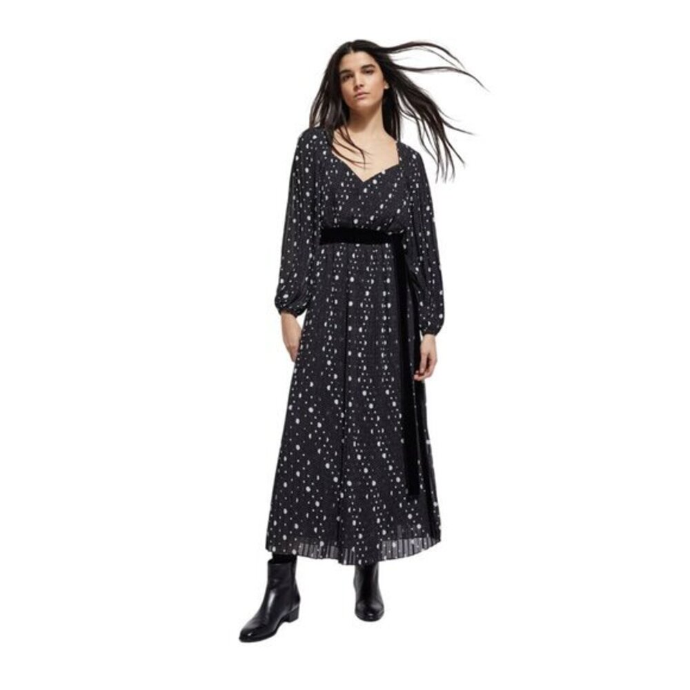 Kooples Black White Polka Dot Long Pleated Dress Velvet Belt Sweetheart Neckline